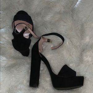 Black micro suede platform heel sandal